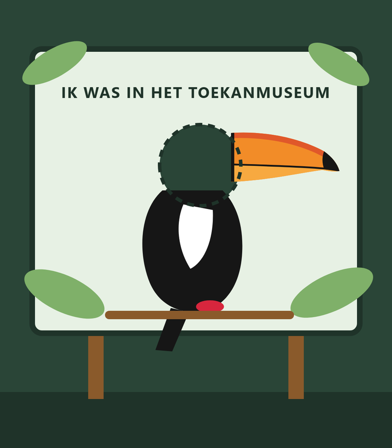 Een fotobord met een toekan en een gat waar je je hoofd door steekt