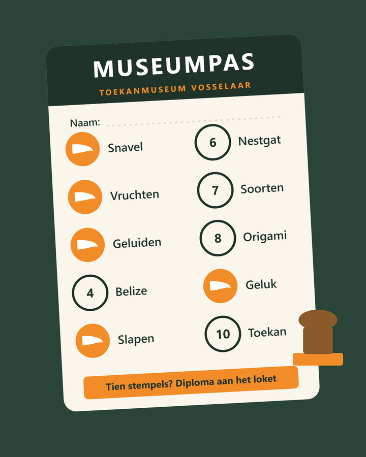 De museumpas met tien vakjes voor stempels, waarvan vijf gestempeld