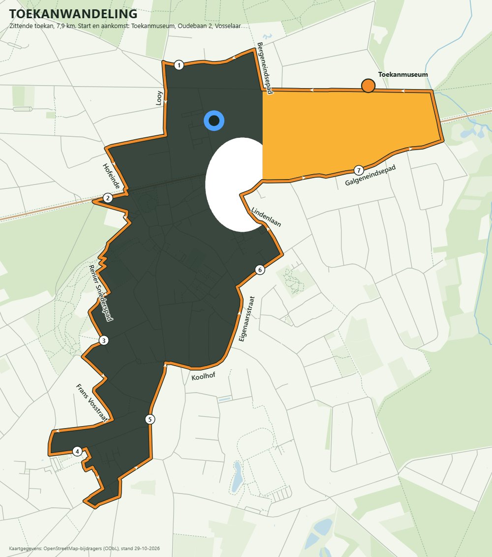 Kaart van de wandeling in de vorm van een zittende toekan, door de straten rond de Oudebaan